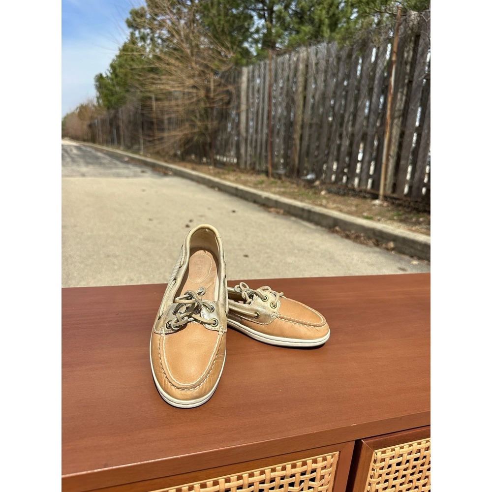 Sperry Boat Shoes Women‎ 6 Beige Gold Leather Canvas Lace Up
